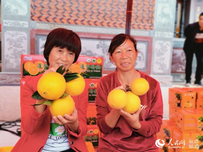 果農們晒著今年自家種出的“橙王”，單個最重可達1.8斤。楊江參供圖