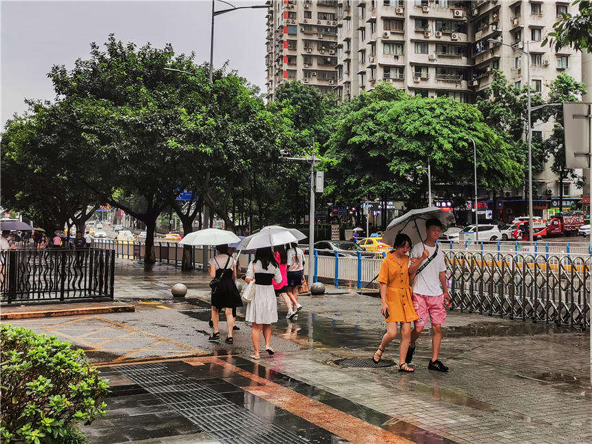市民雨中漫步，去感受秋雨的洗禮。黃進 攝