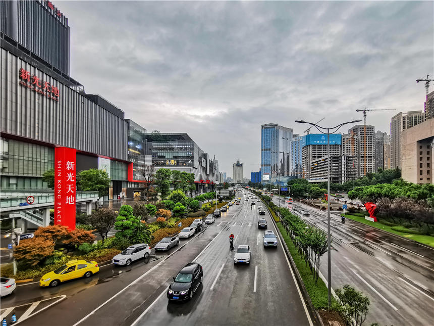 渝北區紅錦大道、安家咀社區的道路兩旁的行道樹及路邊植物，痛快淋漓的洗了個澡。黃進 攝