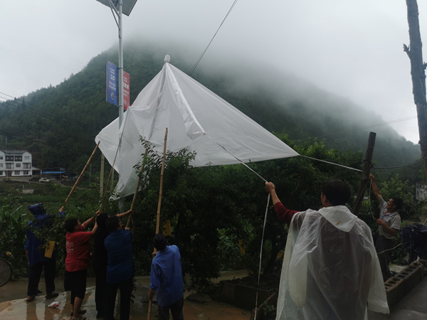 農技專家現場教授折疊晴雨傘透氣防雨膜技術。余明芳攝