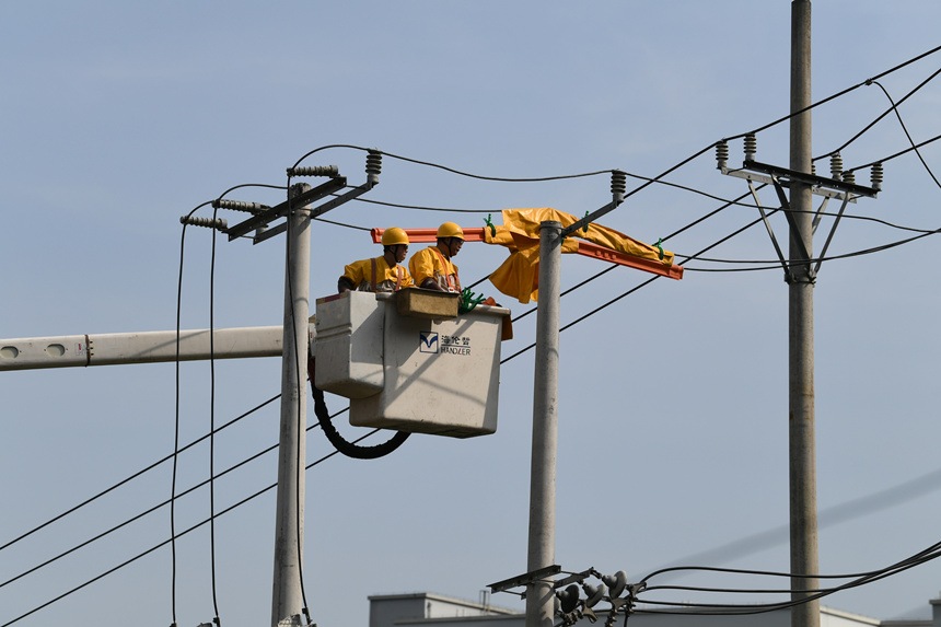 电力公司工作人员在巴南区界石镇虎啸村开展带电作业。潘洪摄
