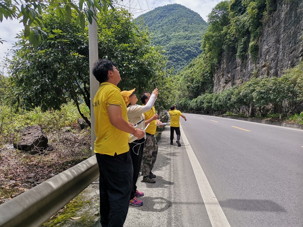 《仰望》。7月21日，107地质队副总工李华秀在彭水新319线彭水至保家段现场指导危岩核查工作。吴碧辉摄