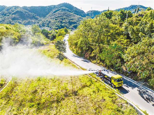 八月二十一日，巴南区南泉街道自由村，洒水车为果苗浇水。　自由村去年利用八十亩复耕地种植了两千六百株果苗。面对持续高温无雨天气，为保障果苗存活，南泉街道每日用洒水车浇灌果苗。记者 谢智强 摄\视觉重庆