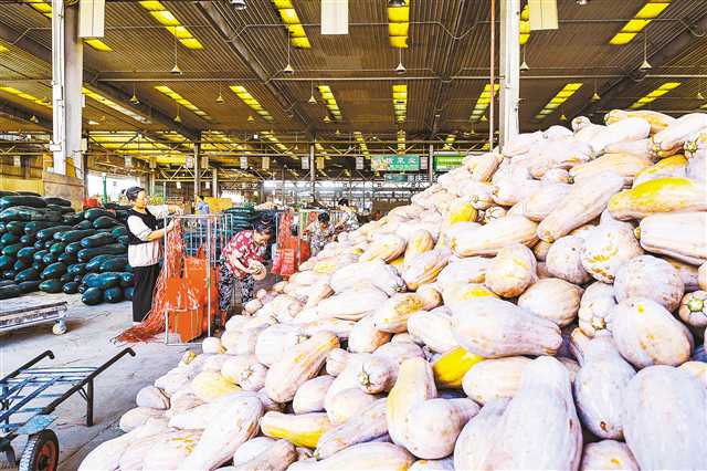 江津区双福国际农贸城蔬菜区，商户正在打包南瓜准备装车发货。