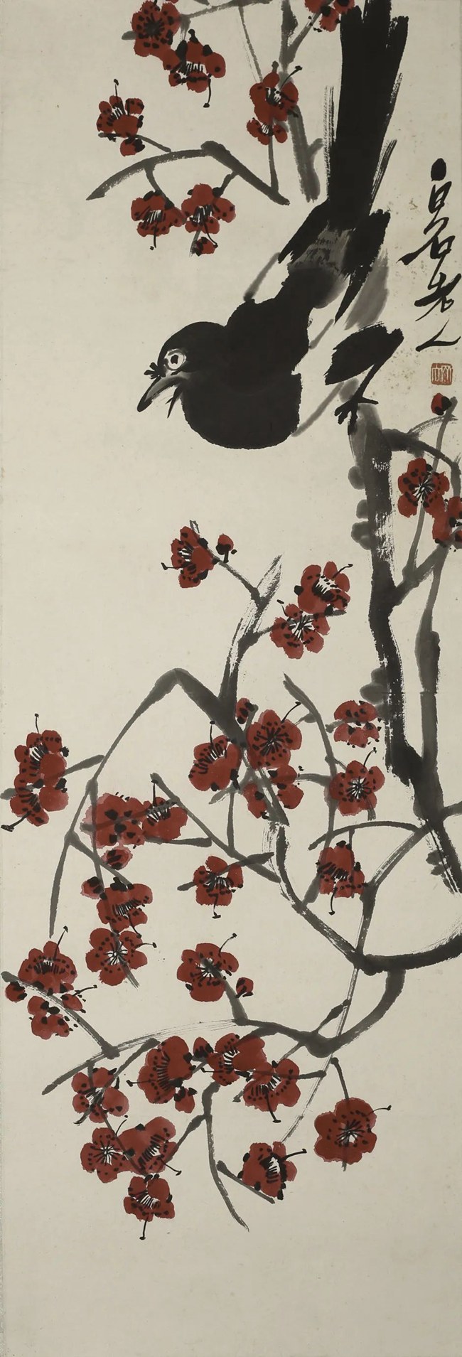 《花鸟屏一堂》齐白石 纸本彩墨 100×33.5cm 1948年