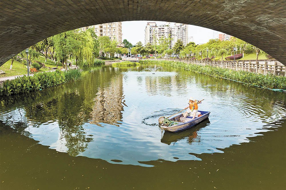 5月5日，北碚区缙云广场金水河，园林市政工作人员在打捞湖面落叶。秦廷富 摄/视觉重庆