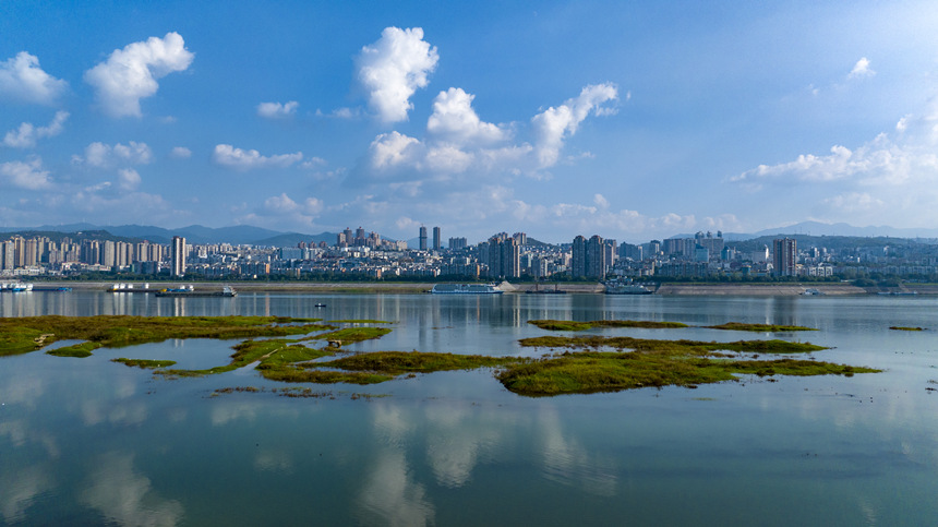 长江重庆丰都段水位已超过160米，消落带的大部分草地已经淹入江水之中。刘先华摄