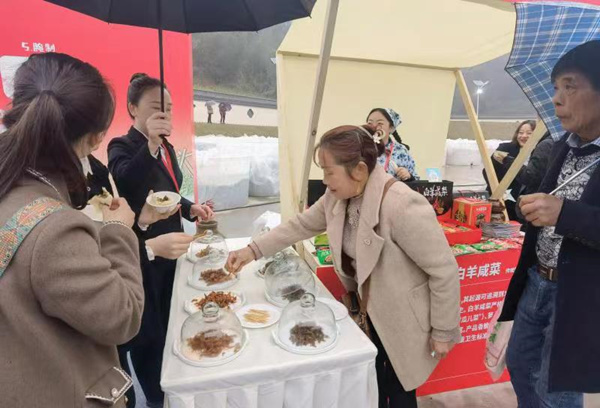 游客现场品尝白羊镇特色咸菜。铜梁区委宣传部供图