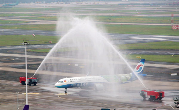 “大美武隆”号彩绘飞机过水门。武隆区委宣传部供图