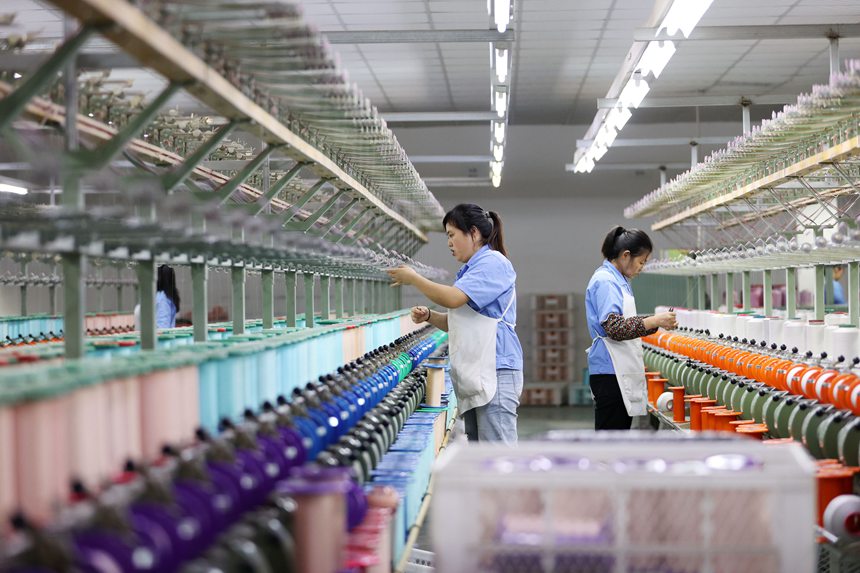 絲綢紡織女工在生產車間忙碌。楊敏攝