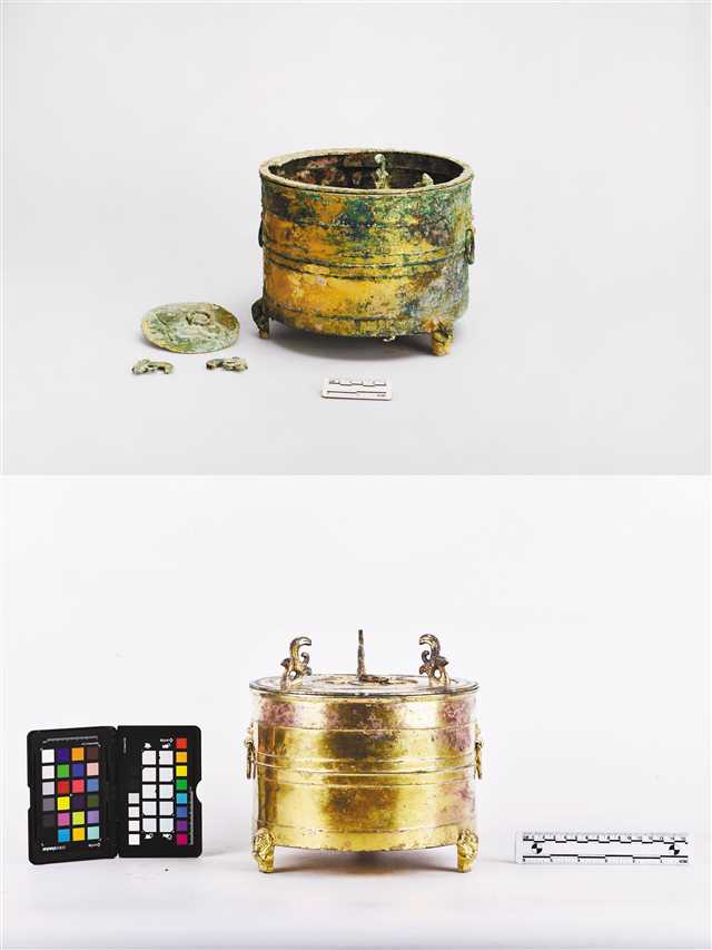 “汉柿蒂纹鎏金铜奁”修复前后对比。（重庆中国三峡博物馆供图）