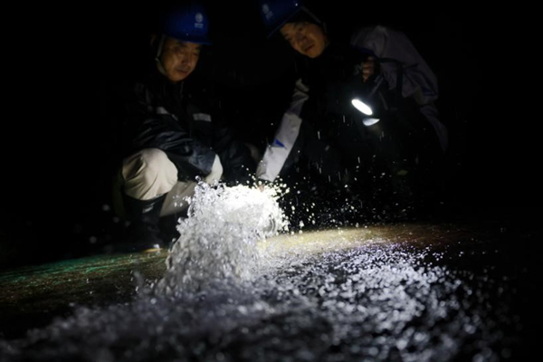 7月28日，國網重慶大足供電公司城區供電中心員工在大足區鳳凰城配電室利用抽水設備排除積水。王非凡攝