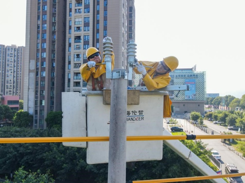 8月14日，在南岸區茶園梨花大道，國網重慶市南供電公司工作人員披上絕緣服，戴上三層手套，登上絕緣斗臂車，正進行帶電立杆作業，他們在高溫下用堅守和汗水守護全市“清涼度夏”。龔超攝