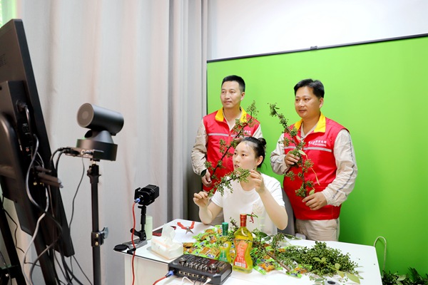 三教供电所员工在直播间展示青花椒、花椒油等农产品。国网重庆永川供电公司供图