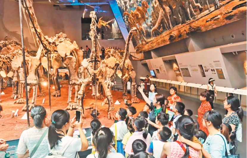 七月十八日，游客正在重慶自然博物館內參觀恐龍化石。（受訪方供圖）