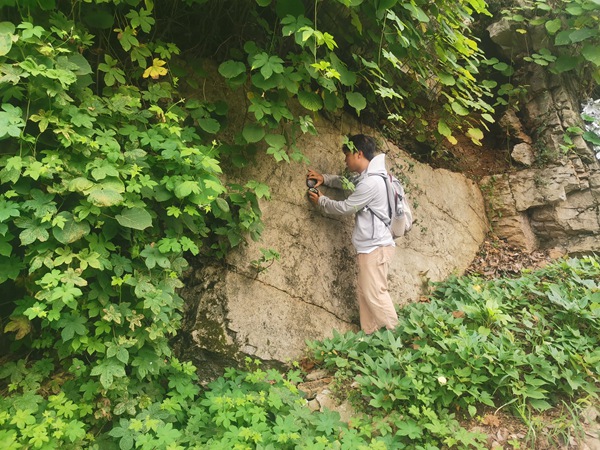 《认识节理与裂隙》。7月17日，川东南勘察公司地灾精细化调查人员夏顶洪对沙坪坝区白杨沟滑坡右侧基岩节理裂隙进行测量。徐腾摄