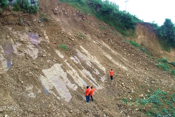 《大地守护者》。6月29日，107地质队驻守彭水地质工程师陈虹州、王发英、李应平（从左到右）向险而行，深入滑坡体内进行踏勘。李明亮摄