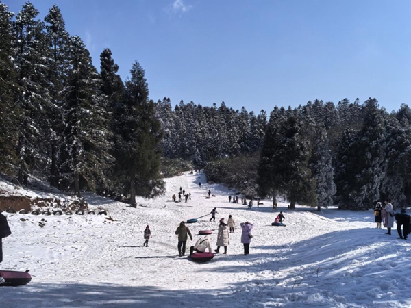 近期，彭水县摩围山迎来冰雪季，霜花缀满枝头，山野银装素裹。众多游客到摩围山赏雪、滑雪，享受“冰雪”快乐。景区供图