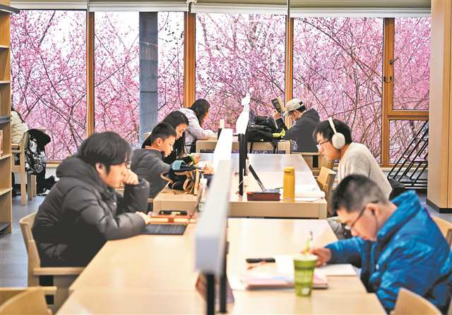 2月6日，江北区图书馆鸿恩寺馆，市民在图书馆里学习、阅读，窗外红梅绽放。记者 刘力 摄/视觉重庆