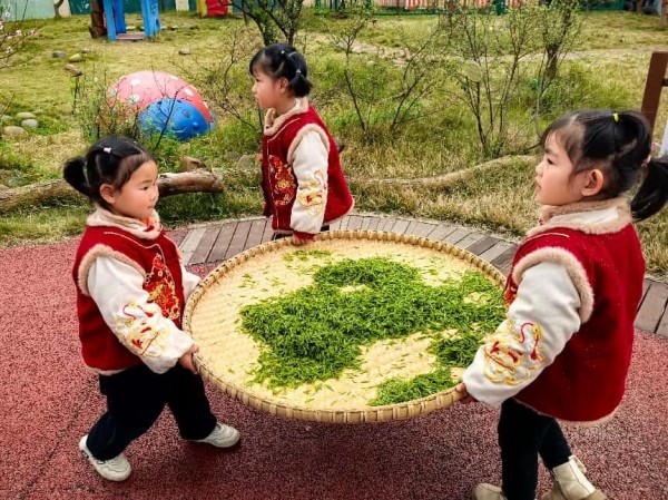 中班幼兒體驗制茶。三官殿幼兒園供圖