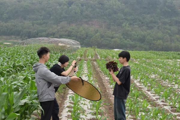 學生們在田間做宣傳。龐穎鑫攝