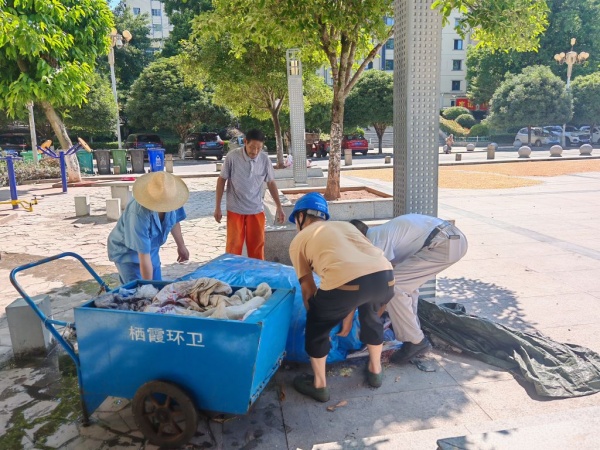 社区党员与环卫工人一同进行社区环境治理。栖霞镇供图