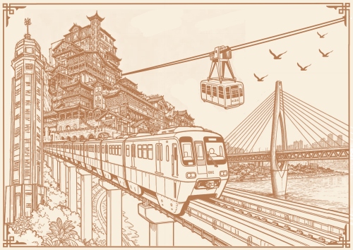 重慶旅游職業學院李沙的繪畫作品《索道連兩岸,輕軌繞山城》。主辦方供圖