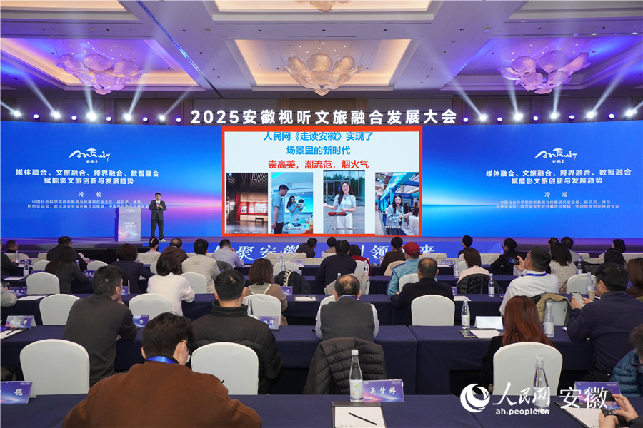 冷凇在主旨演講環節,點贊人民網《走讀安徽》欄目。人民網記者 陳若天攝