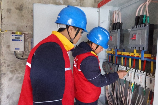 國家電網重慶電力（城口綜合）紅岩共產黨員服務隊隊員對城口縣雪寶冷江漁業有限責任公司開關櫃進行檢查，確保企業順利復工復產。鄧芝華攝