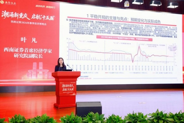 葉凡作主題分享。西南証券供圖