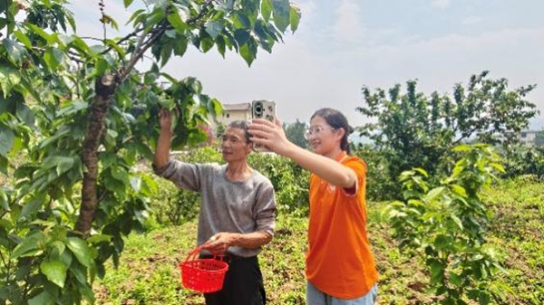 志愿者教果农出镜拍短视频。重庆城市科技学院供图