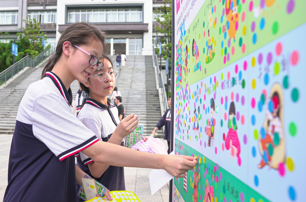 學生用貼紙投票自己最喜歡的“自我關懷”方式。學校供圖