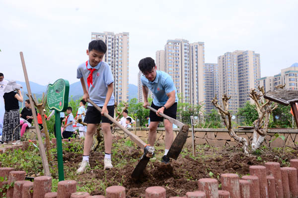 师生为作物松土。学校供图