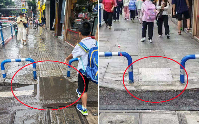 路面凹坑整改前后对比。