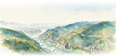 重庆北碚区“八桥叠翠”远景。 雷青松摄（影像中国），AI修饰生成水彩画