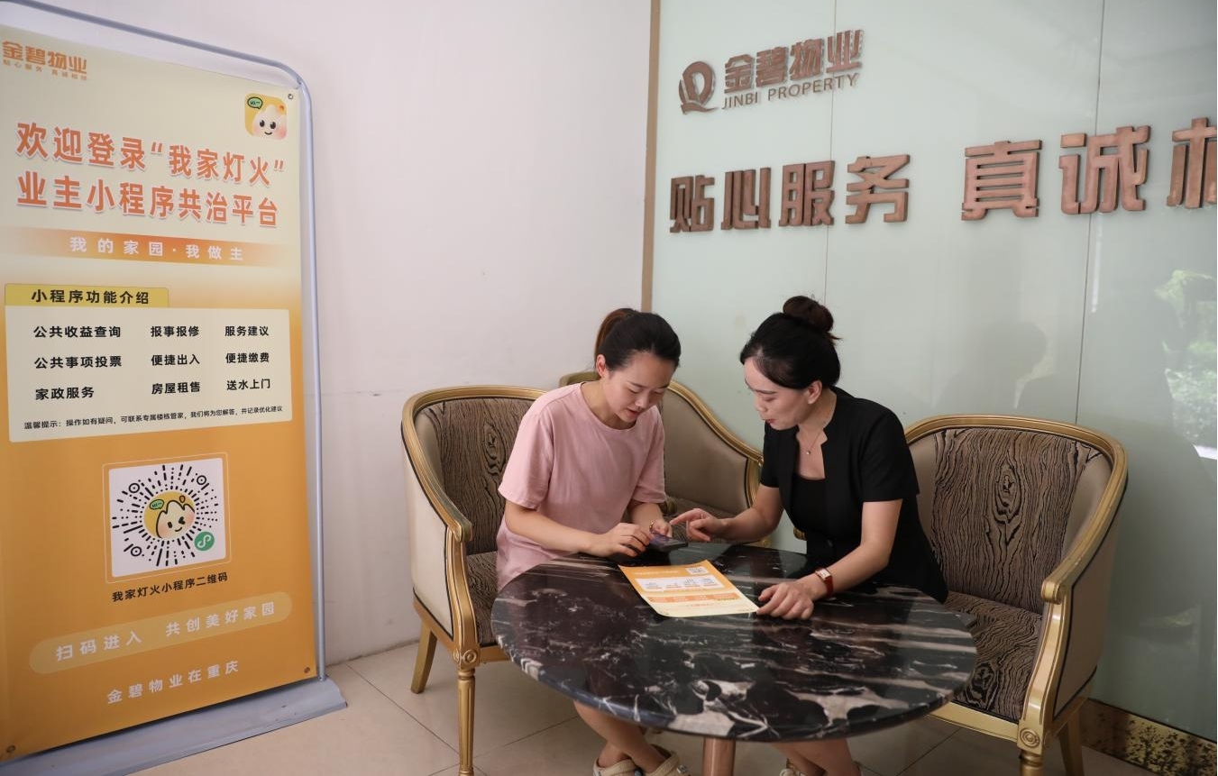 金碧物业工作人员向小区业主介绍共治平台。万桃利摄