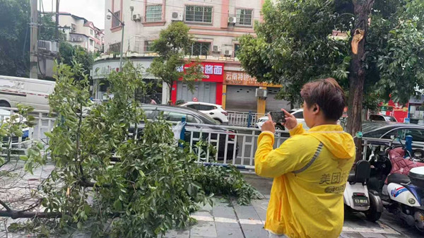 李弘益在送餐途中，发现行道树倒塌“一键报险”。铜梁区委宣传部供图